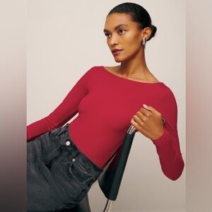 Reformation Lipstick Red Form Fitting Long Sleeve Wiley Knit Top Shirt